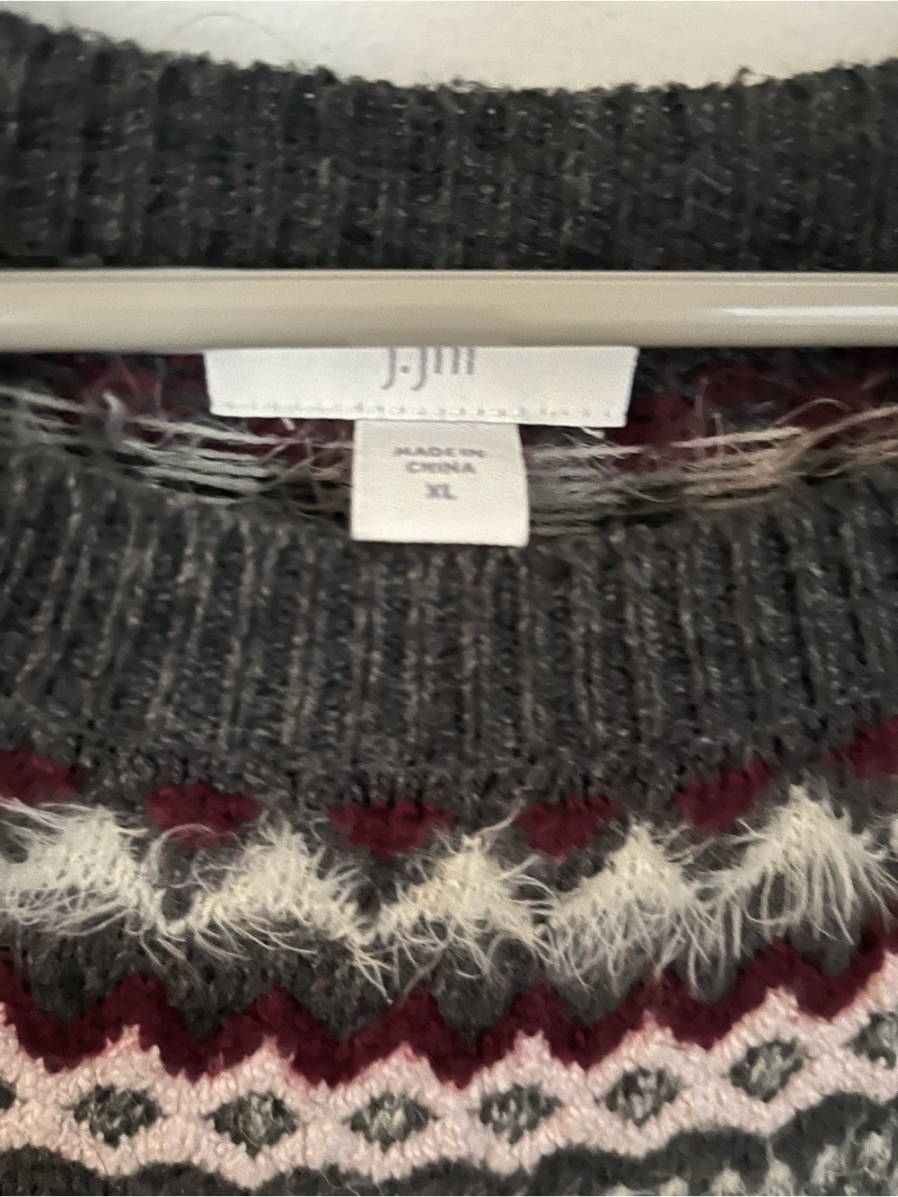 J. Jill Gray Fair Isle Crewneck Sweater Dress with Burgundy and Cream Accents